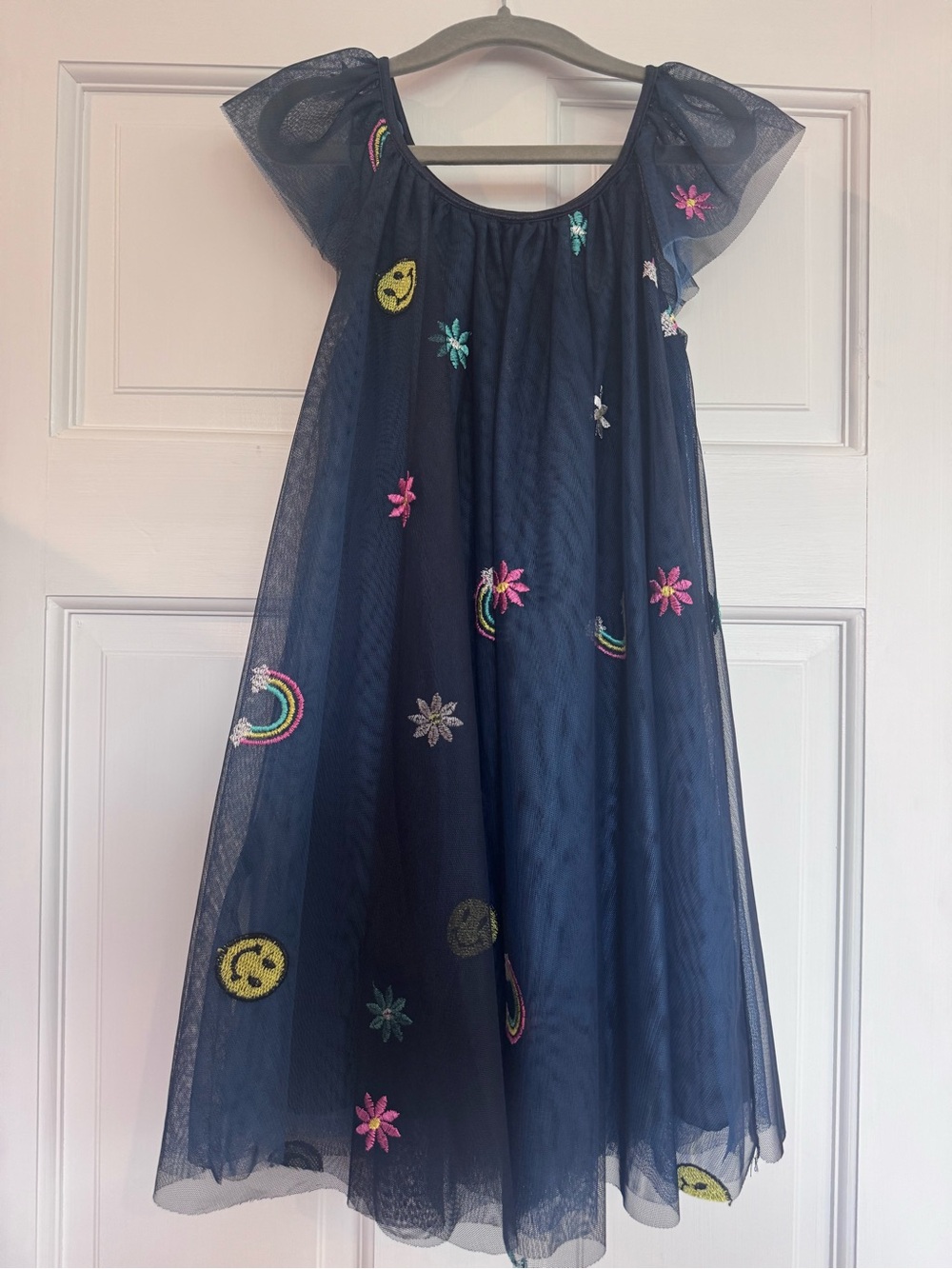 Zunie Navy Tulle Dress with Multicolor Embroidered Rainbows & Flowers